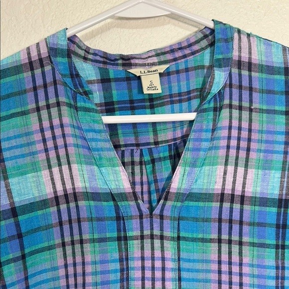 Linen L.L. Bean Plaid V-Neck Women's Top S Petite - Picture 5 of 7